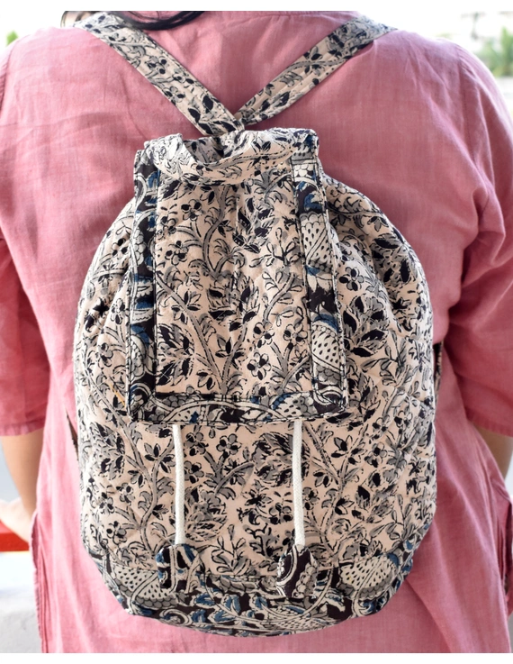 Quilted blue and black kalamkari backpack bag: VBPS07-3