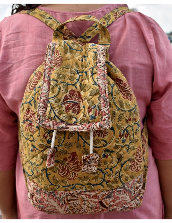 QUILTED YELLOW AND RED FLOWER KALAMKARI BACKPACK BAG: VBPS06-3