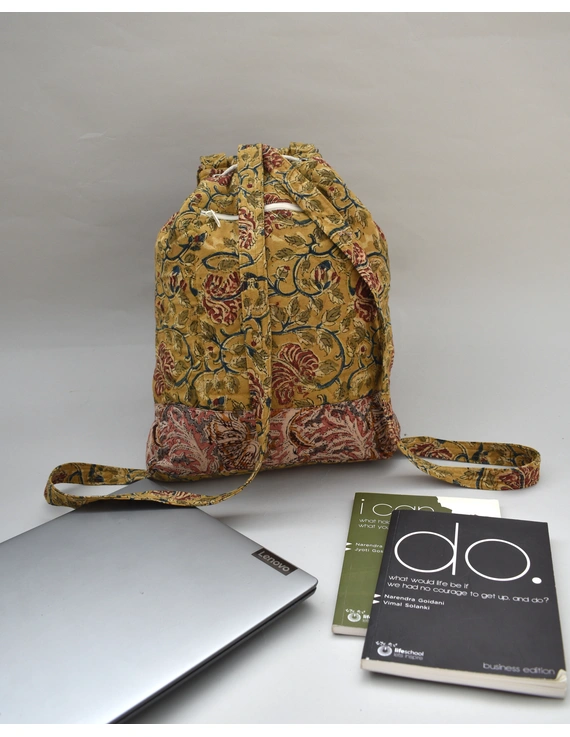 QUILTED YELLOW AND RED FLOWER KALAMKARI BACKPACK BAG: VBPS06-1