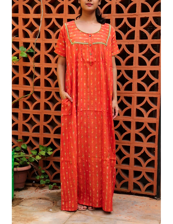 Orange and Green Handcrafted Nighties In Ikat Cotton : NW110E-NW110E-1