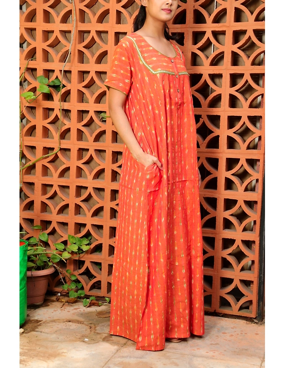Orange and Green Handcrafted Nighties In Ikat Cotton : NW110E-S/M-1