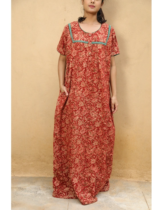 Red and Green Handcrafted Nighties In Soft Kalamkari Cotton : NW110F-NW110F-1