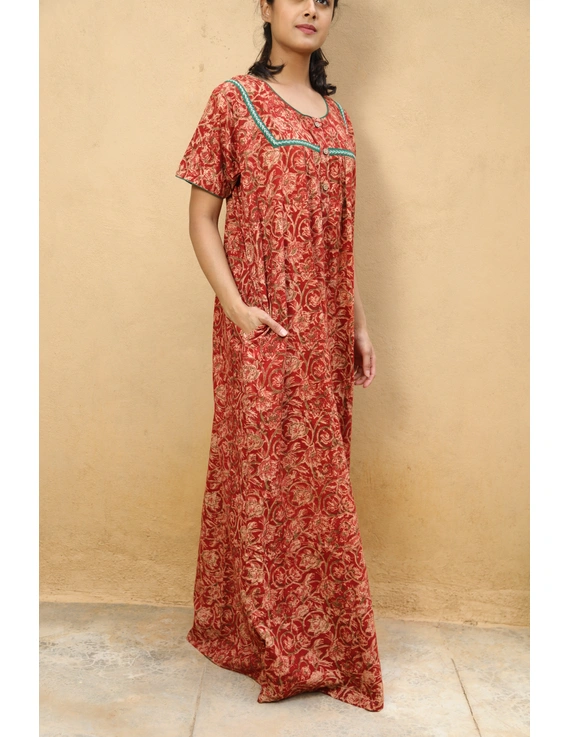 Red and Green Handcrafted Nighties In Soft Kalamkari Cotton : NW110F-S/M-L/XL-1