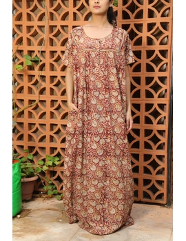 Maroon and Brown Handcrafted Nighties In Soft Kalamkari Cotton : NW110G-NW110G-1-sm