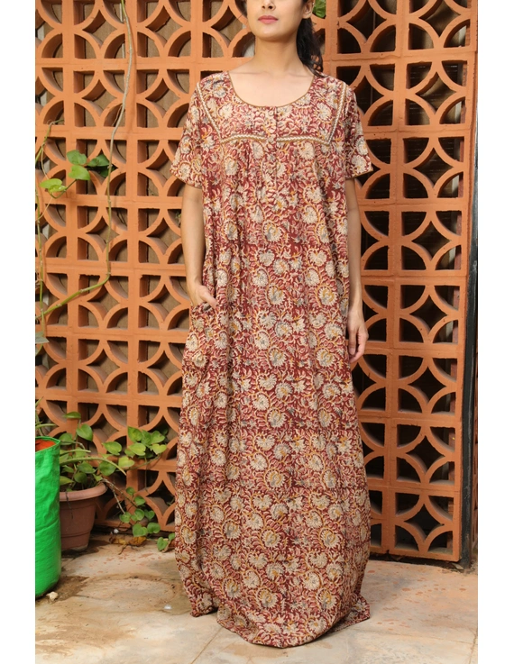 Maroon and Brown Handcrafted Nighties In Soft Kalamkari Cotton : NW110G-NW110G-1