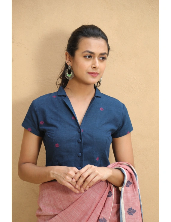 Dark Blue Handloom Blouse With Back Ties - RB08D-RB08D-L