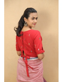 Red handloom blouse with back ties : RB14A-S-1-sm