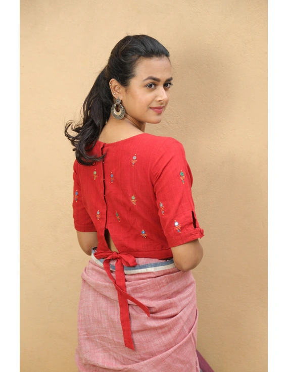 Red handloom blouse with back ties : RB14A-M-1
