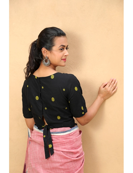 Black handloom blouse with back ties : RB14B-S-2