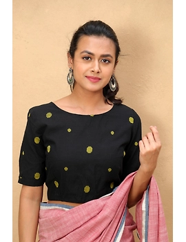 Black handloom blouse with back ties : RB14B-RB14B-S-sm