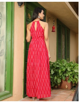 Red semi silk ikat halter neck long dress with a front slit: LD610C-L-3-sm