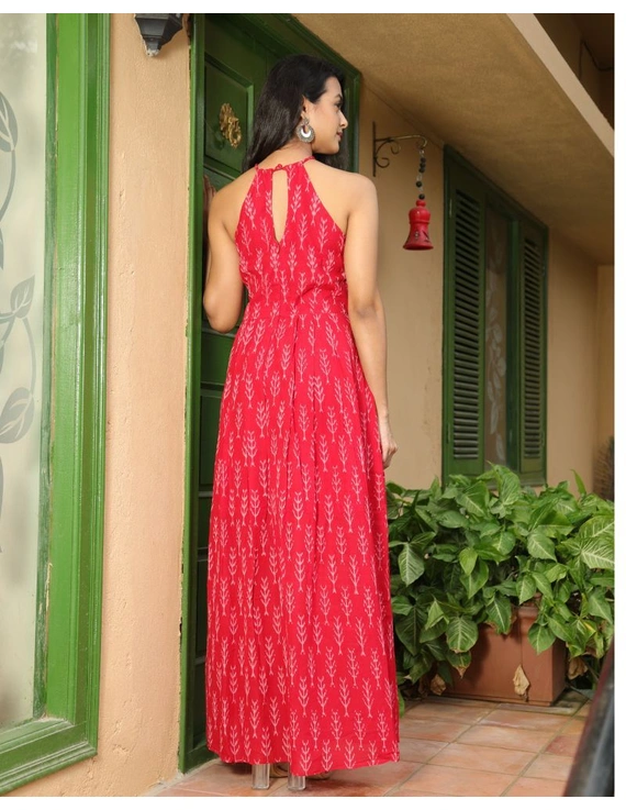 Red semi silk ikat halter neck long dress with a front slit: LD610C-L-3