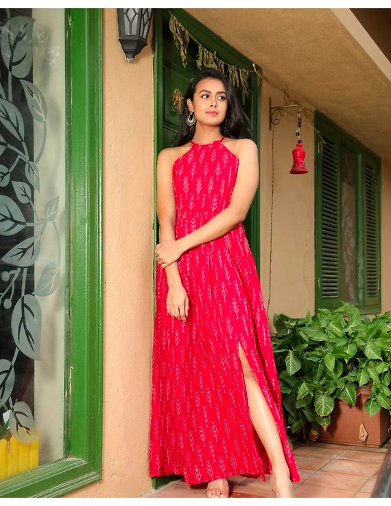Red semi silk ikat halter neck long dress with a front slit: LD610C-L-2