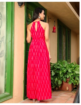 Red semi silk ikat halter neck long dress with a front slit: LD610C-LD610C-M-sm
