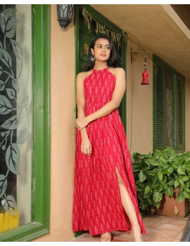 Red semi silk ikat halter neck long dress with a front slit: LD610C-M-3-sm