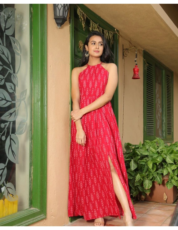 Red semi silk ikat halter neck long dress with a front slit: LD610C-S-1