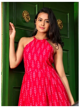 Red semi silk ikat halter neck long dress with a front slit: LD610C-XL-3-sm