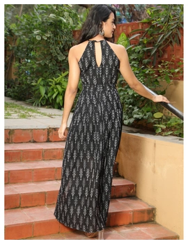 Black semi silk ikat halter neck long dress with a front slit: LD610B-L-4-sm