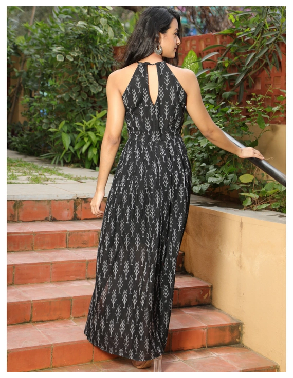 Black semi silk ikat halter neck long dress with a front slit: LD610B-M-4