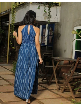 Blue semi silk ikat halter neck long dress with a front slit: LD610D-L-3-sm