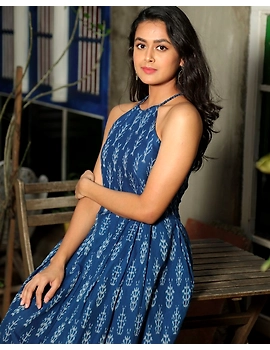 Blue semi silk ikat halter neck long dress with a front slit: LD610D-L-1-sm