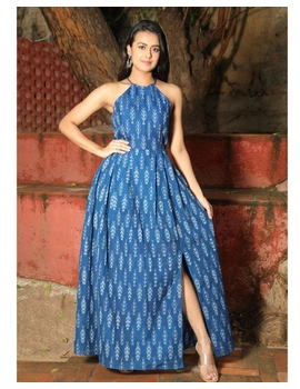 Blue semi silk ikat halter neck long dress with a front slit: LD610D-LD610D-L-sm