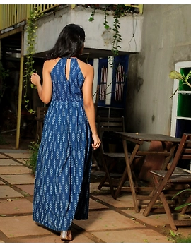 Blue semi silk ikat halter neck long dress with a front slit: LD610D-M-3-sm