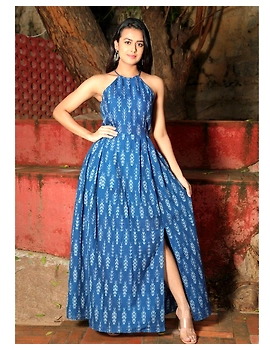 Blue semi silk ikat halter neck long dress with a front slit: LD610D-LD610D-S-sm