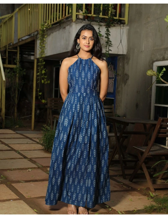 Blue semi silk ikat halter neck long dress with a front slit: LD610D-XL-2