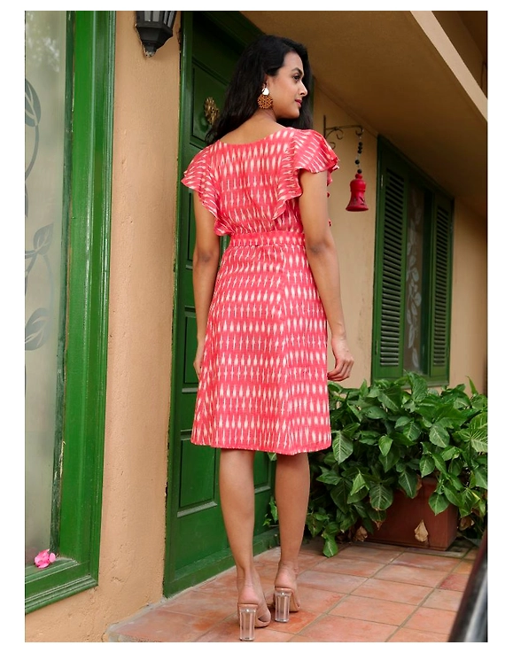 Pink ikat short dress with a frill design: LD660B-S-3