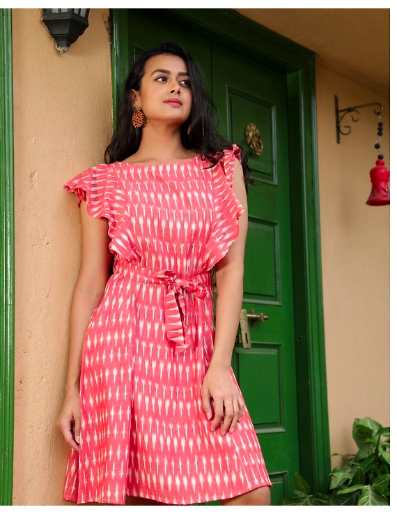Pink ikat short dress with a frill design: LD660B-S-1