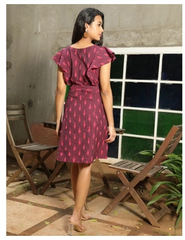 Purple ikat short dress with a frill design: LD660C-L-3-sm