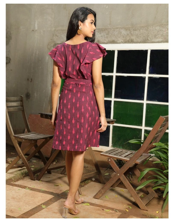 Purple ikat short dress with a frill design: LD660C-L-3