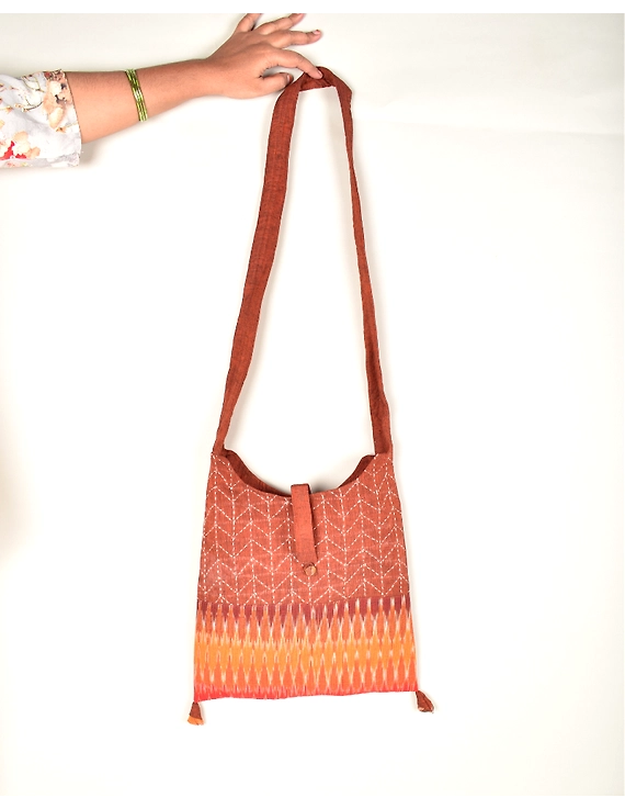 Maroon and yellow Ikkat Sling Bag With Hand Embroidery : SBG01F-2
