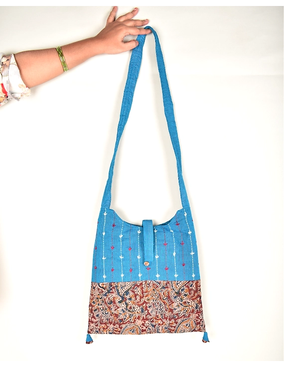 T.Blue and Red Kalamkari Sling Bag With Embroidery : SBG01G-2
