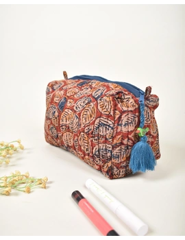 Red quilted travel pouch in Kalamkari cotton : VKP02ED-1-sm