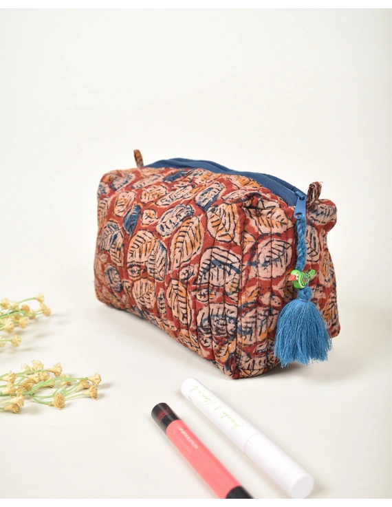 Red quilted travel pouch in Kalamkari cotton : VKP02ED-1