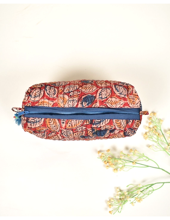 Red quilted travel pouch in Kalamkari cotton : VKP02ED-3