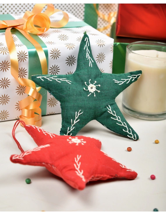 Hand embroidered star christmas decoration or Quilted fabric soft toy - set of two-HWD06A-HWD06A