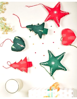 Christmas decorations set - stars, hearts, christmas trees - set of six assorted fabric toys - HWD06E-6-sm