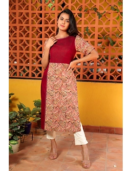 Plain and Print - Maroon kalamkari kurta: LK300F-L-1-sm
