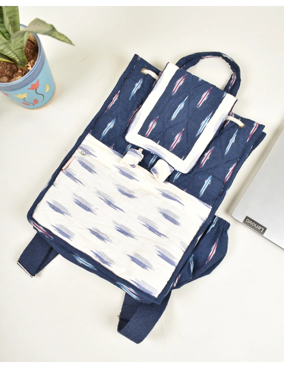 Blue and white ikat backpack laptop bag : LBB04B-2
