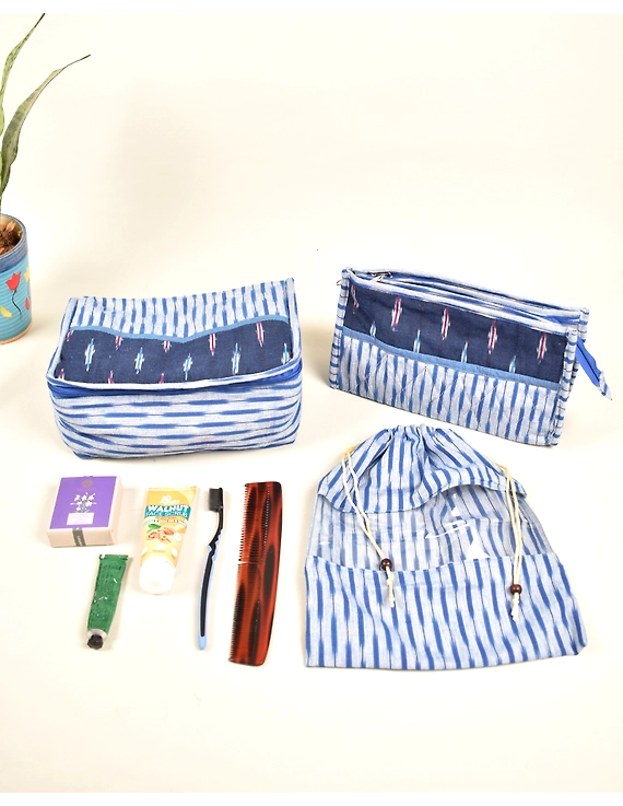 Blue ikat travel set with toiletry pouch, shoe bag and undergarment bag: VKR02A-5