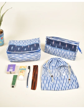 Blue ikat travel set with toiletry pouch, shoe bag and undergarment bag: VKR02A-5-sm