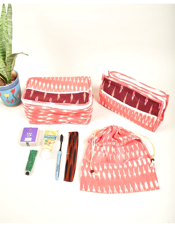 Pink ikat travel set with toiletry pouch, shoe bag and undergarment bag: VKR02B-5