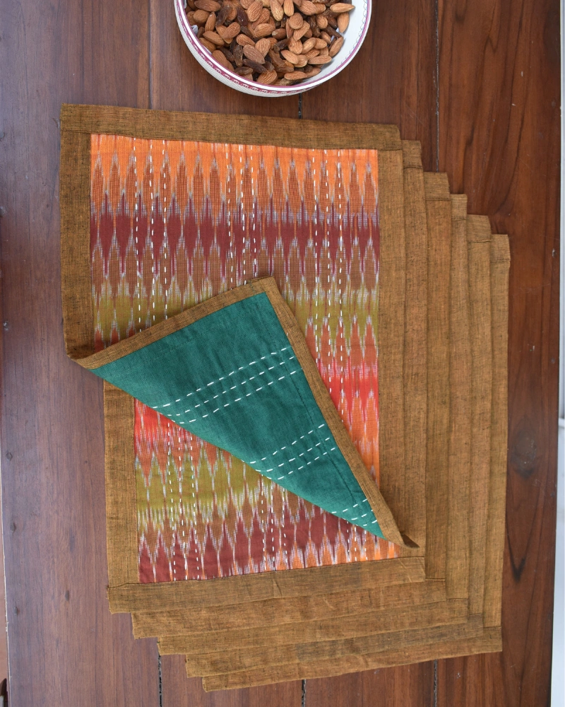 Rust and green ikat table mat set of six - HTM08C-9