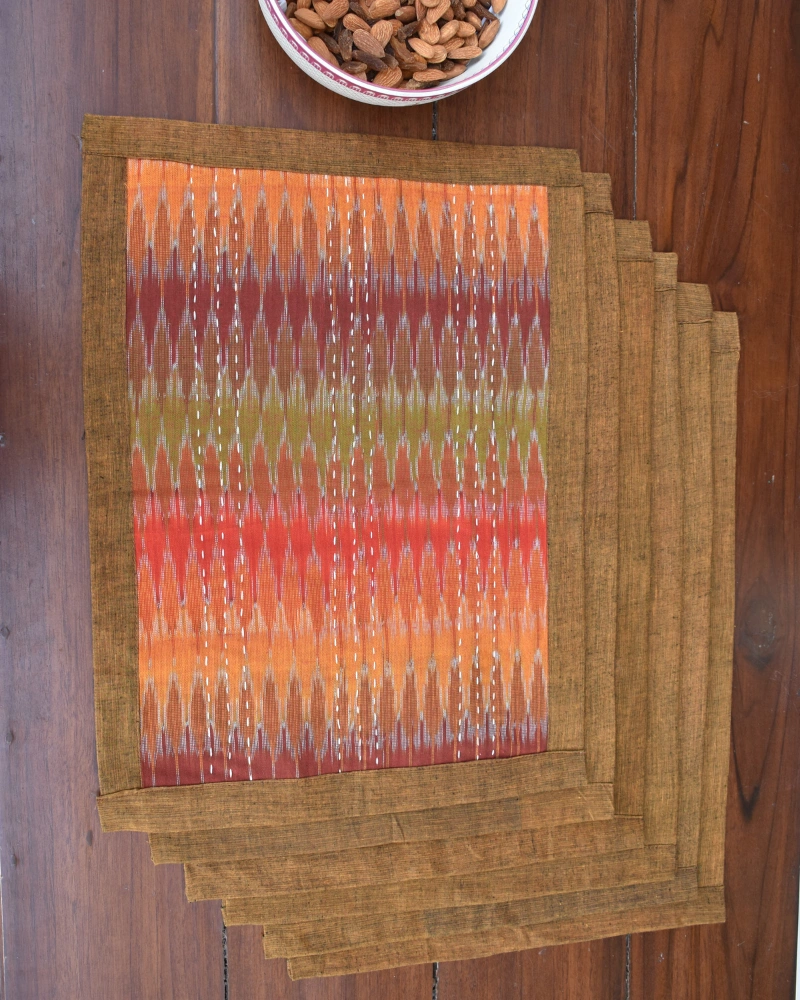 Rust and green ikat table mat set of six - HTM08C-7