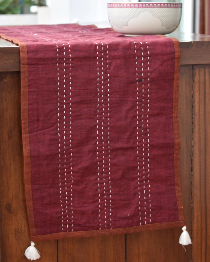 Maroon ikat reversible table runner with kantha embroidery: HTR17E-13x60-1