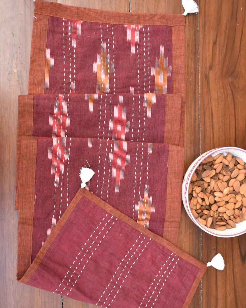 Maroon ikat reversible table runner with kantha embroidery: HTR17E-13x60-3