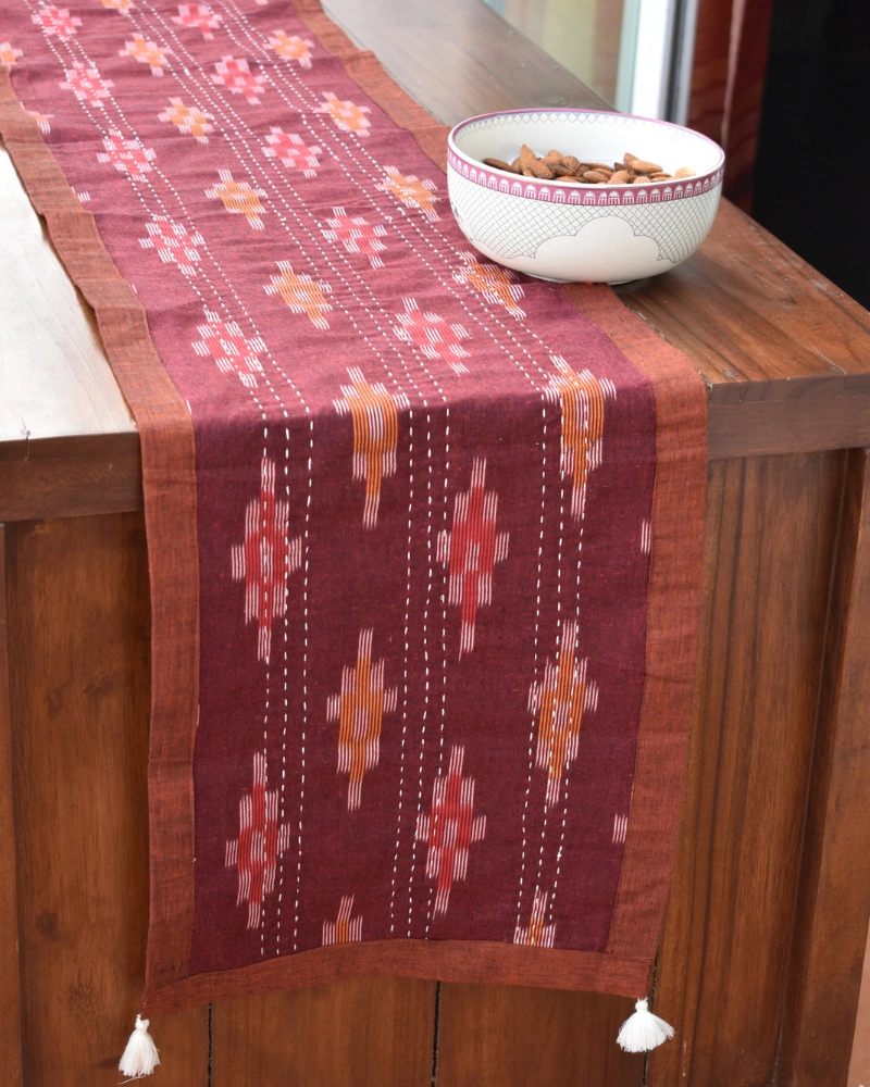 Maroon ikat reversible table runner with kantha embroidery: HTR17E-13x60-4